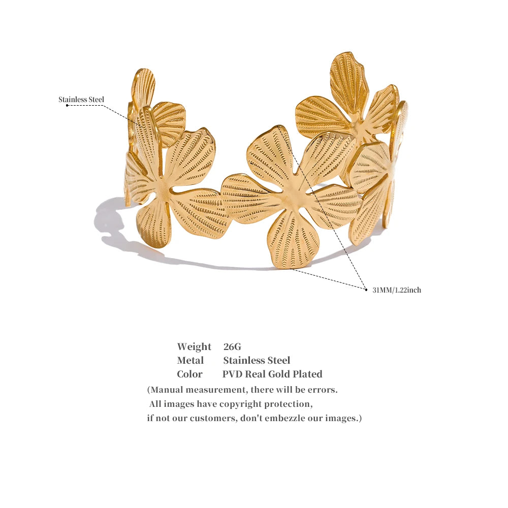Steel Flower Cuff Open Bracelet