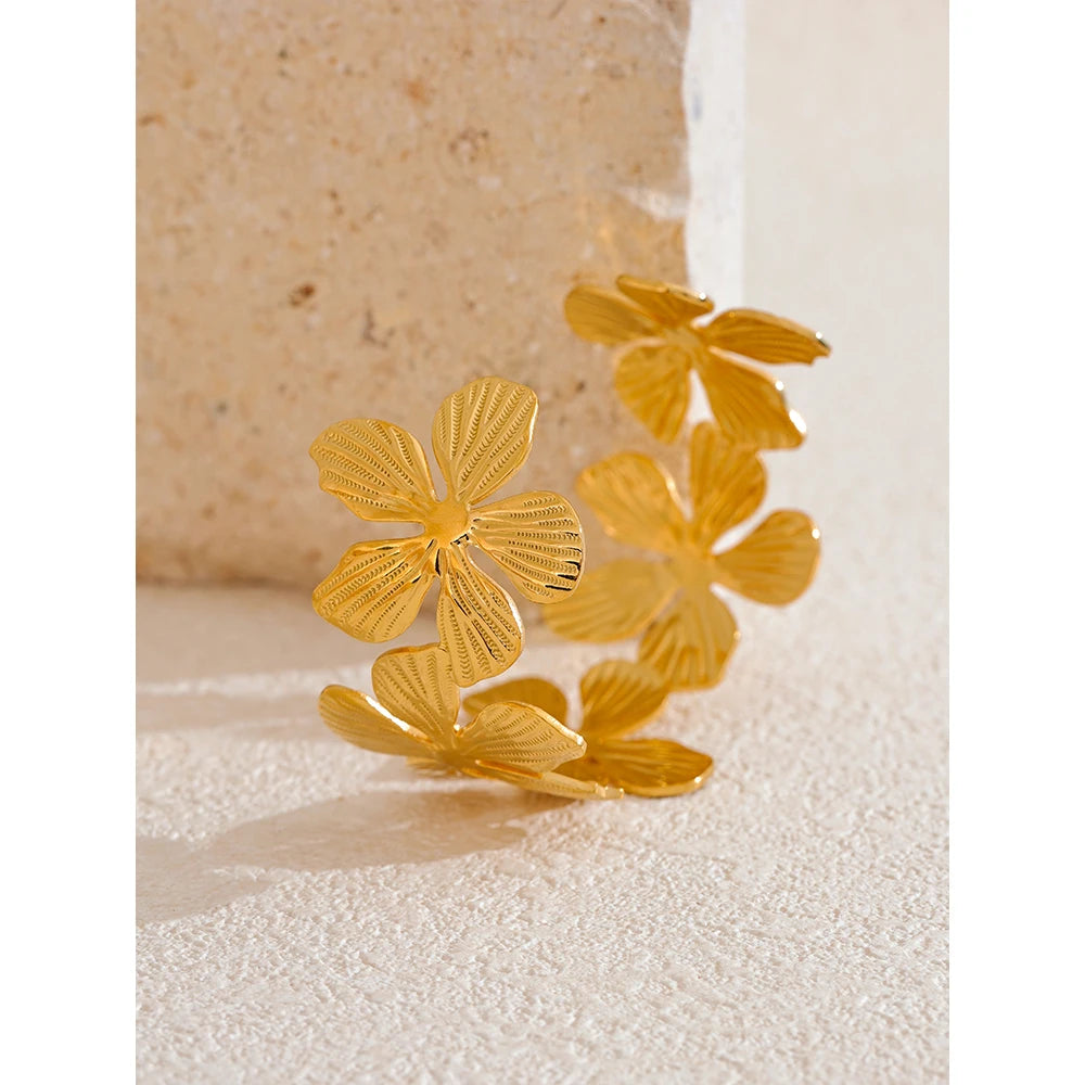 Steel Flower Cuff Open Bracelet