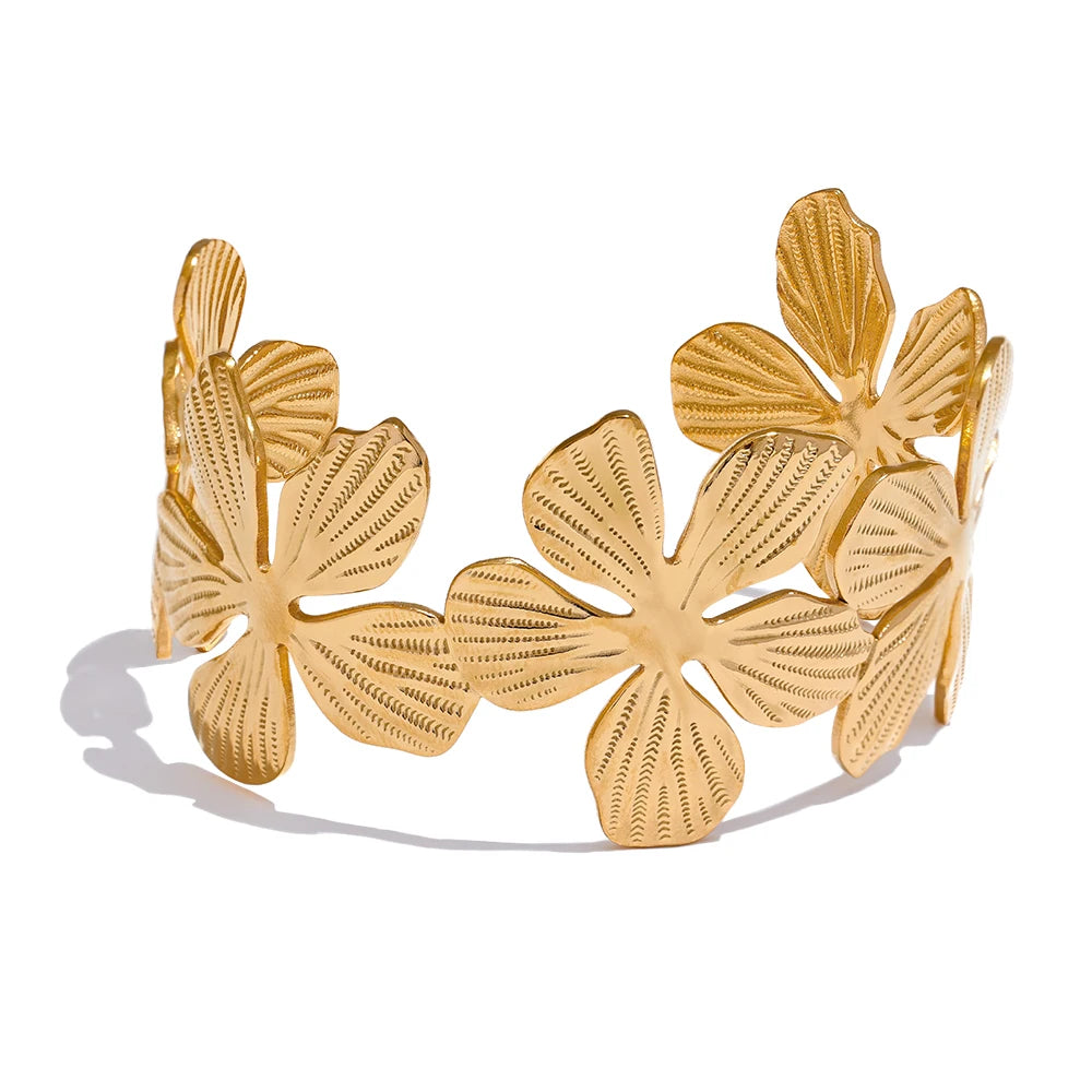 Steel Flower Cuff Open Bracelet