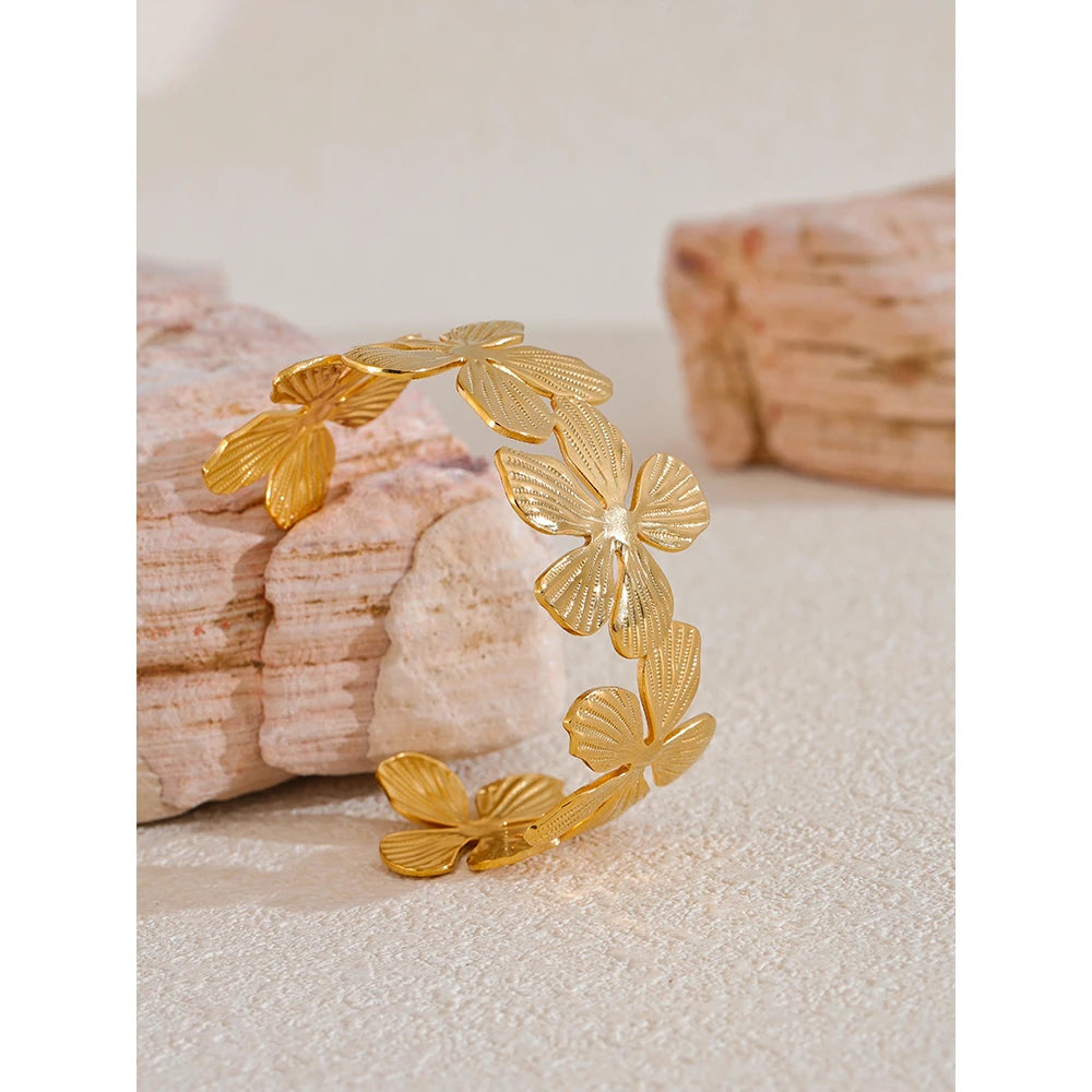 Steel Flower Cuff Open Bracelet