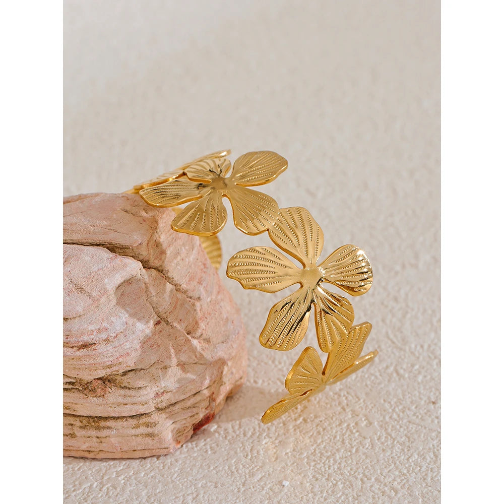 Steel Flower Cuff Open Bracelet