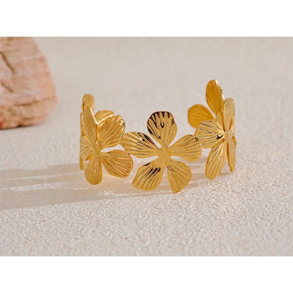 Steel Flower Cuff Open Bracelet